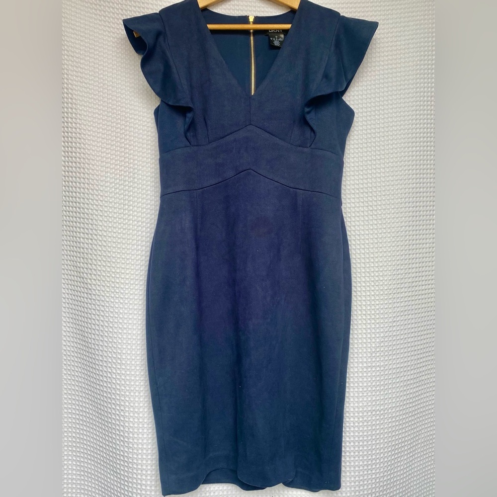 Dkny Blue Sheath Dress with V-Neck and Flutter Cap Sleeves